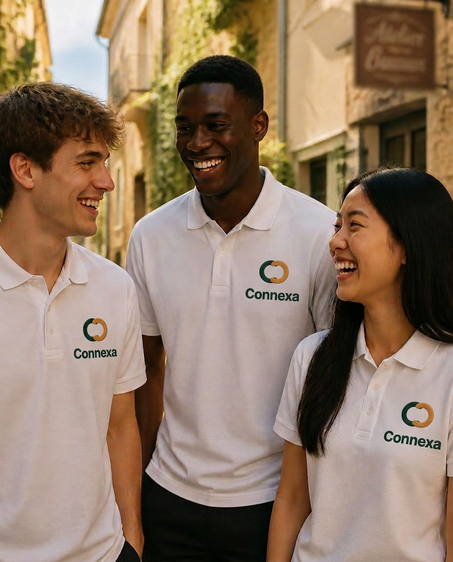 Trois étudiants ambassadeurs Connexa — un garçon blanc, un étudiant noir et une étudiante asiatique — en polos blancs siglés, souriants dans leur rue