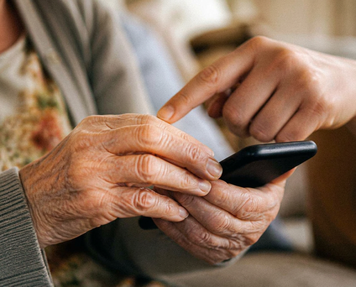 Un ambassadeur Connexa guide pas à pas les mains d'une personne senior sur son smartphone