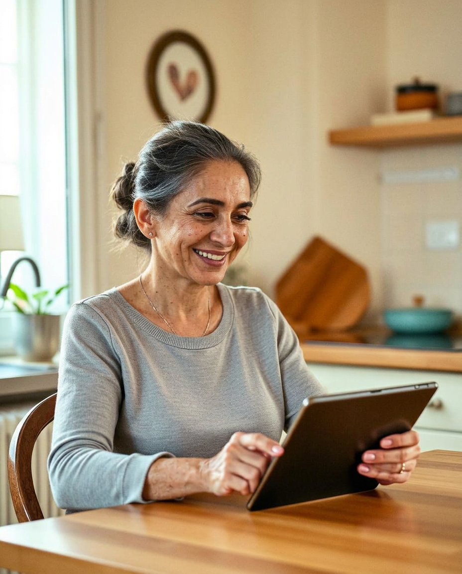 Samira, 56 ans, utilise sa tablette avec le sourire dans sa cuisine